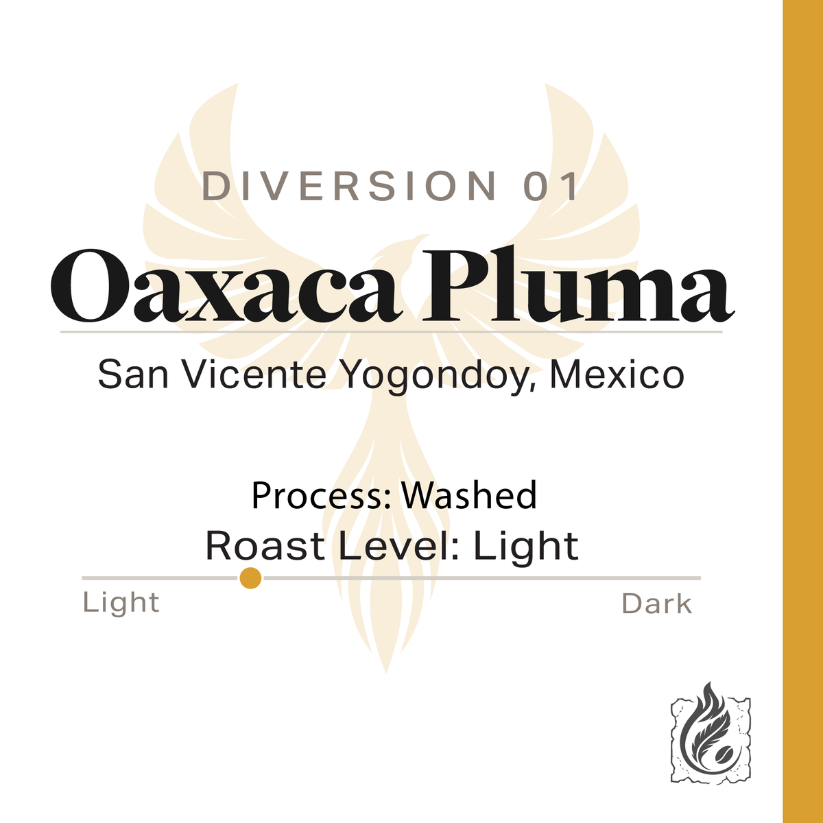 Diversion 01 Oaxaca Pluma label, a light roast single origin coffee from Oaxaca, Mexico
