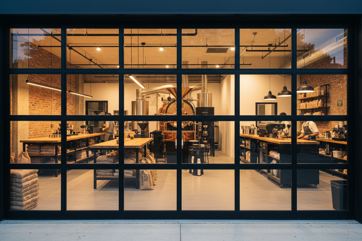 looking through a glass garage door into a coffee roastery 