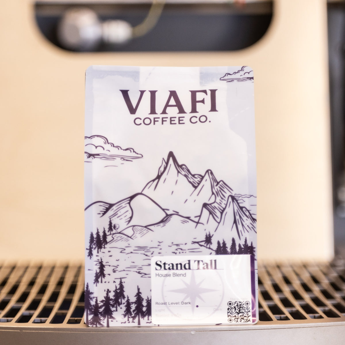 A 12 oz bag of Viafi Stand Tall on the roaster's cooling tray
